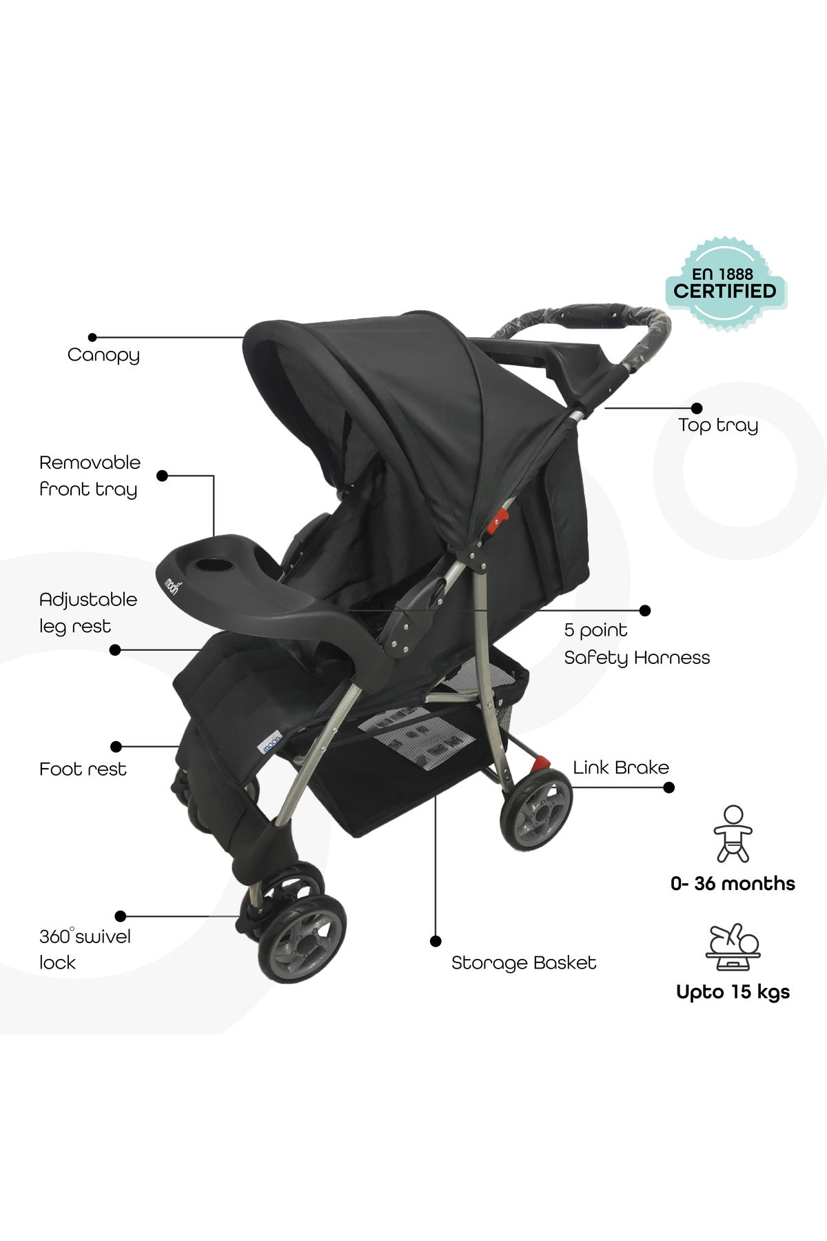 MOON Bezik - One Fold Stroller,Black + Grey dots