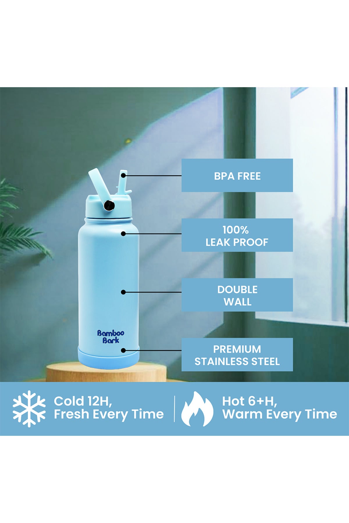 Bamboo Bark 1000 ML Insulated Water Bottle with Sipper Lid – Stainless Steel Double Wall Vacuum Flask for Hot & Cold Water Leak-Proof, Reusable Sports Thermos Bottle - (Powder Blue)