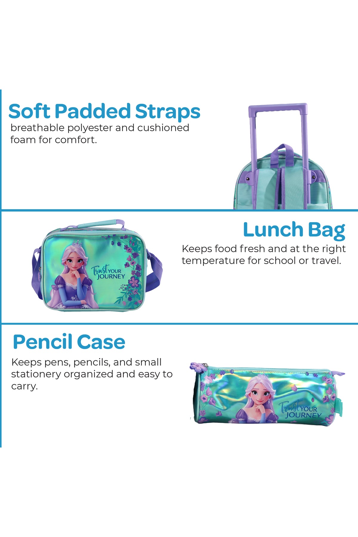 MOON  Elsa 3 in 1 Trolley Set  - (16-Inch) Premium Kids School Bag with Lunch Bag & Pencil Case