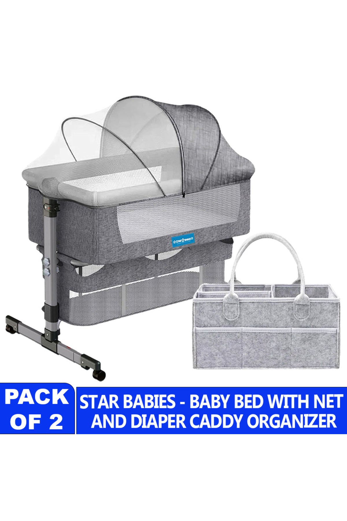 Star Babies Bedside Crib + Diaper Caddy_Gray