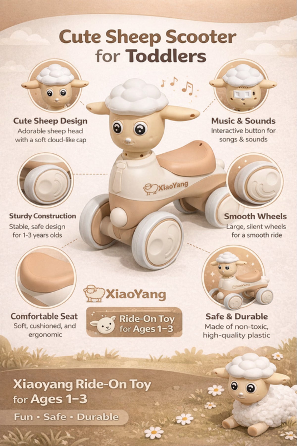 StarMarz Musical Animal Ride-On for Toddlers, Cute Sheep Design with Lights & Music, Smooth Wheels, Indoor Baby Ride-On Toy for Kids 1–4 Years - Beige