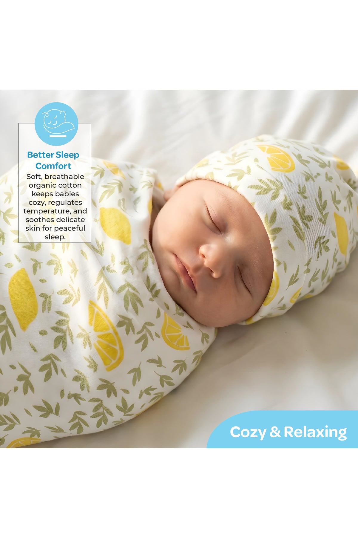 MOON Organic Cocoon and Beanie set (0 Months +)- Lemon  Print