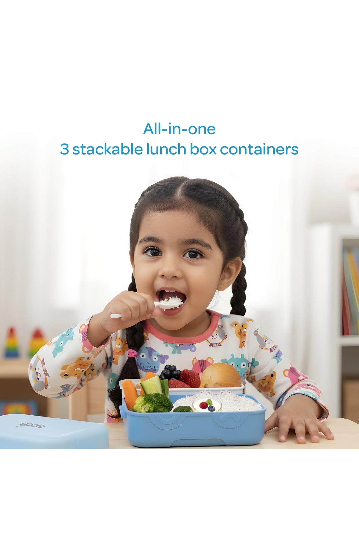 MOON Fiesta Kids Two-Tier Bento Lunch Box – BPA-Free, Leakproof, Stackable with Spoon & Seasoning Box – Blue