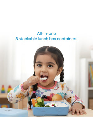 MOON Fiesta Kids Two-Tier Bento Lunch Box – BPA-Free, Leakproof, Stackable with Spoon & Seasoning Box – Blue