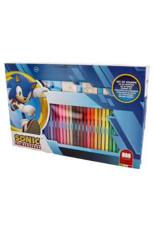 Sonic The Hedgehog 36-Piece Coloring Set – 36 Felt Tip Pens, 3 Stamps, 1 Ink Pad & 1 Coloring Book | Kids Art & Craft Kit | Creative Drawing & Activity Set for Children