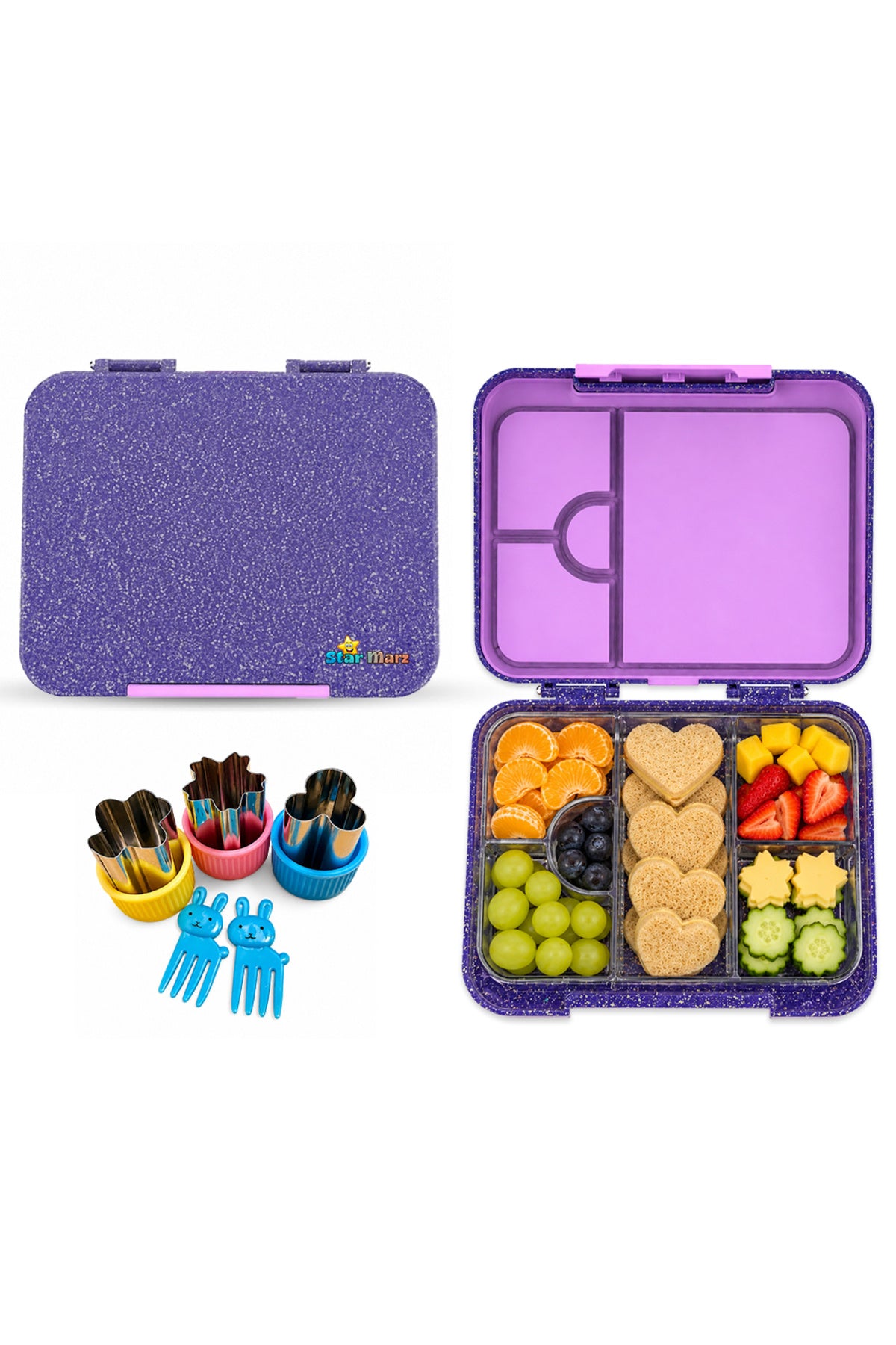 StarMarz - Unicorn Purple Bento Glitter Lunch Box with Plastic Water Bottle Shark (480ml) - Purple