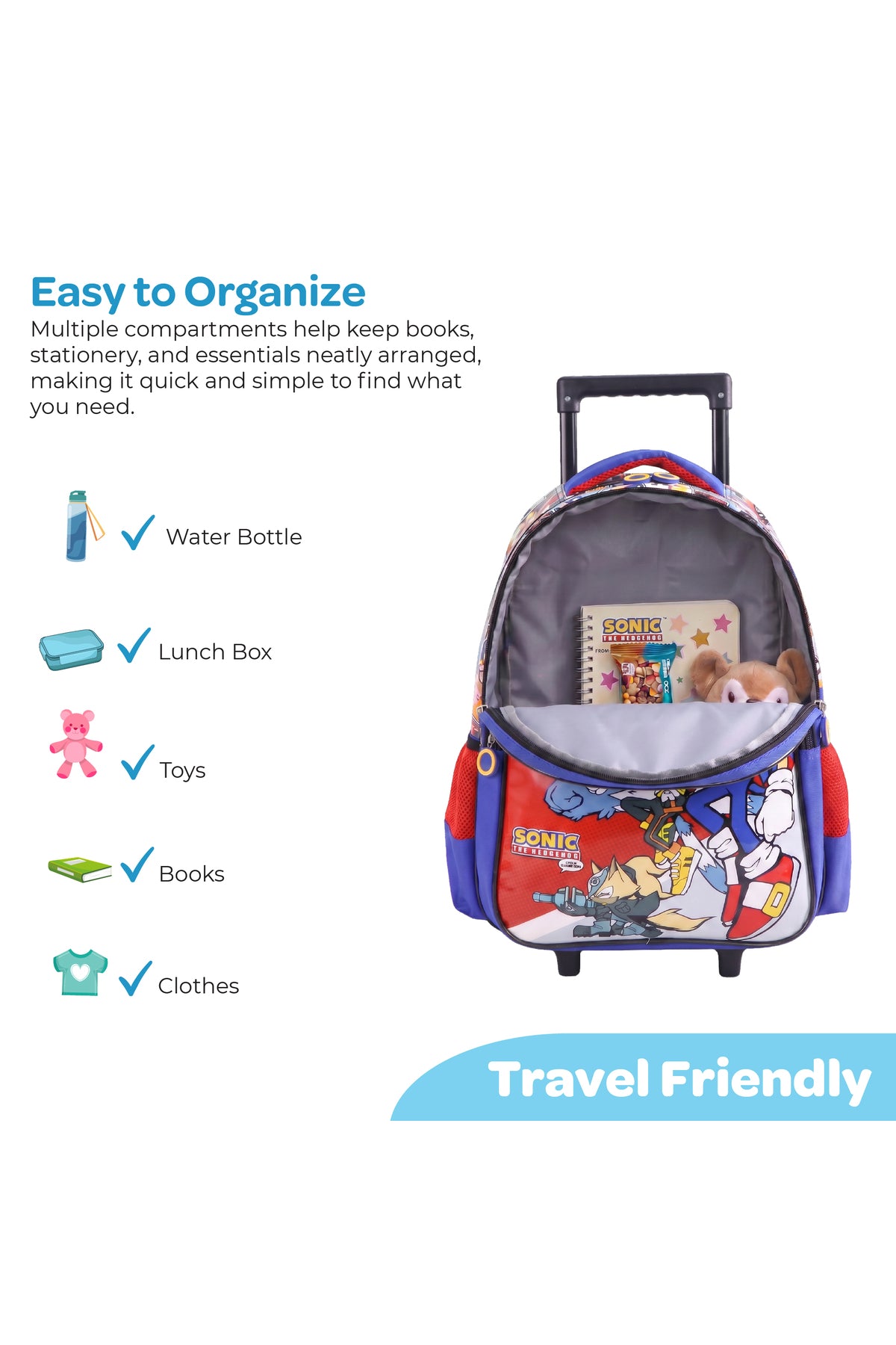 MOON Licensed  SONIC  the Hedgehog  3 in 1 Kids Trolley Set   - (16-Inch) Premium Kids School Bag with Lunch Bag & Pencil Case-Red&Blue