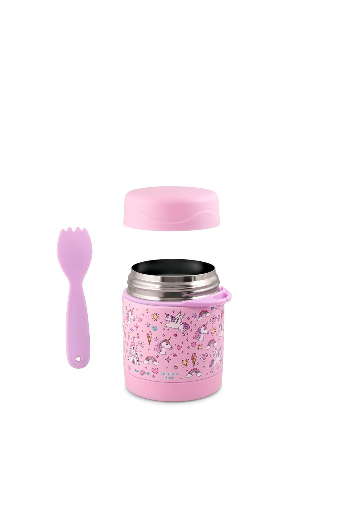 Bamboo Bark Kids Insulated Stainless Steel Food Jar with Fork, 350ml Thermal Lunch Container for Hot or Cold Food, Leakproof, BPA-Free, Ideal for School, Daycare & Travel,| Unicorn Design