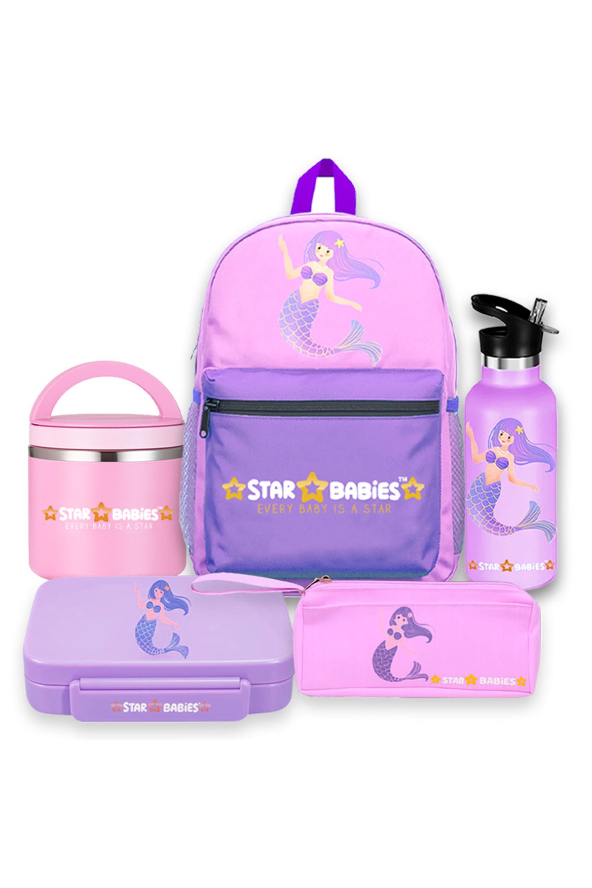 Star Babies 16-Inch Mermaid Themed Children's Backpack with  5 compartment Bento lunch box , water bottle and Dual Zipper Pencil Case with Food jar