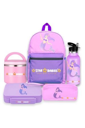 Star Babies 16-Inch Mermaid Themed Children's Backpack with  5 compartment Bento lunch box , water bottle and Dual Zipper Pencil Case with Food jar