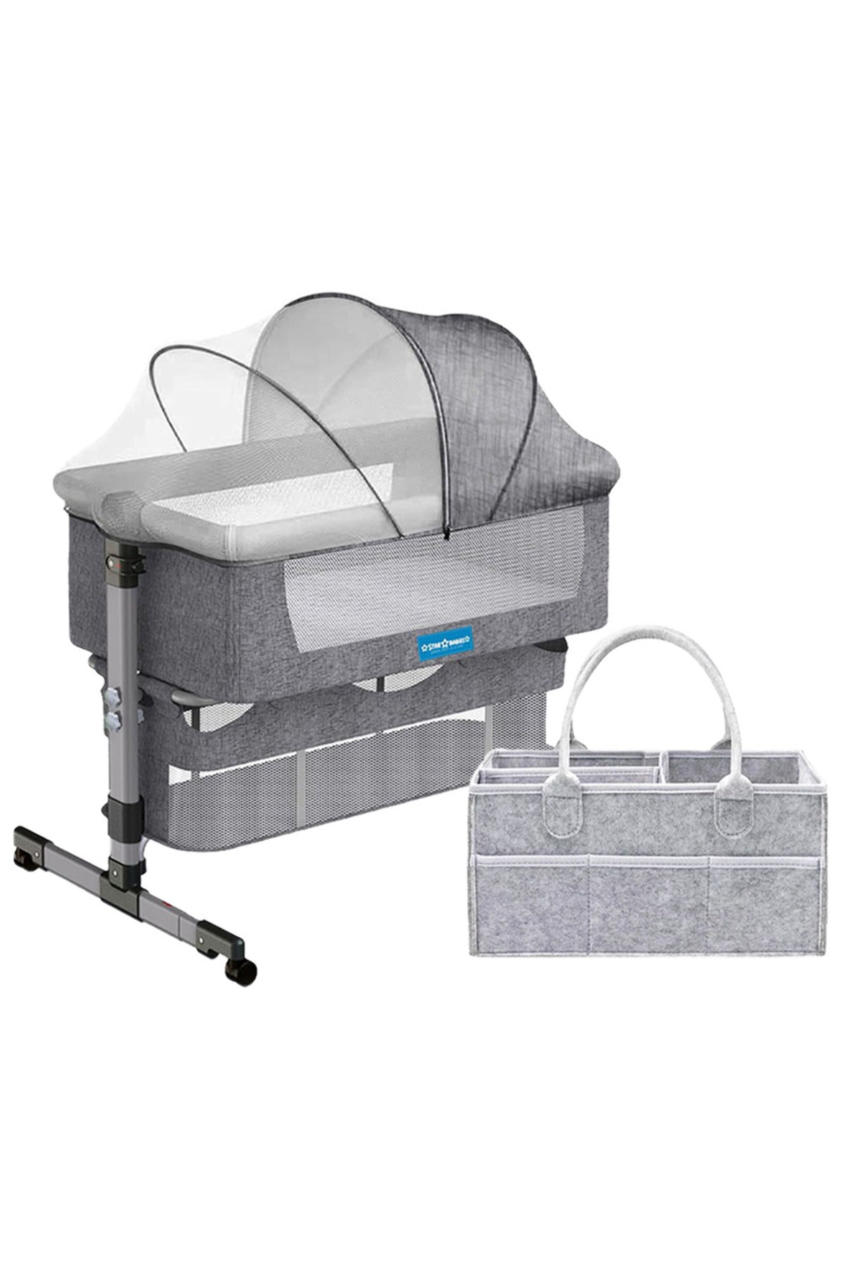 Star Babies Bedside Crib + Diaper Caddy_Gray