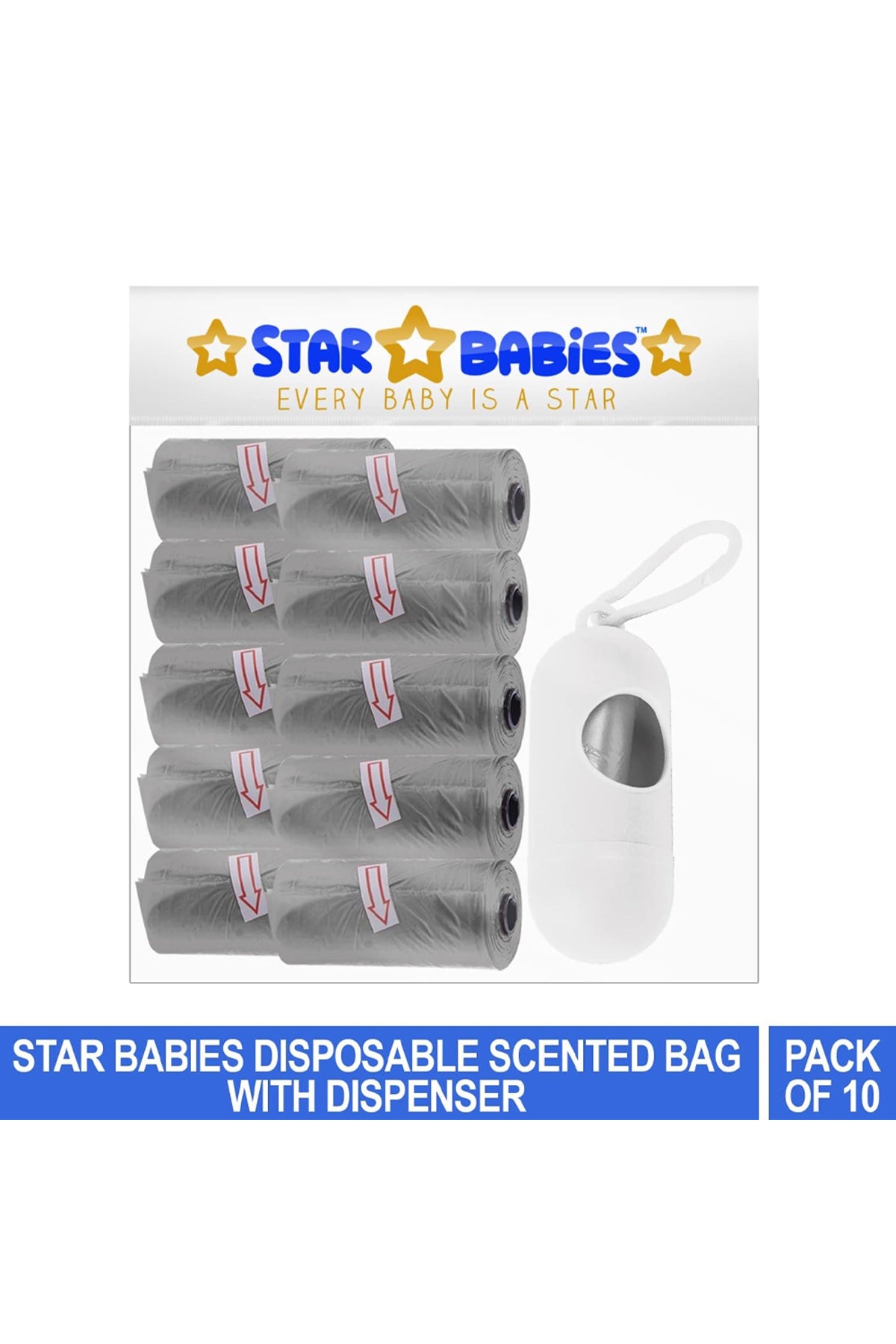 Star Babies - Scented Nappy Bag Pack of 10/150 Bags Grey & Assorted Dispenser