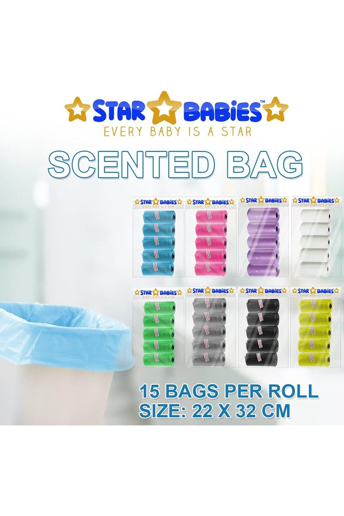 Star Babies - Pack of 5/75 Bags Scented Nappy Bag Blue & Assorted Dispenser