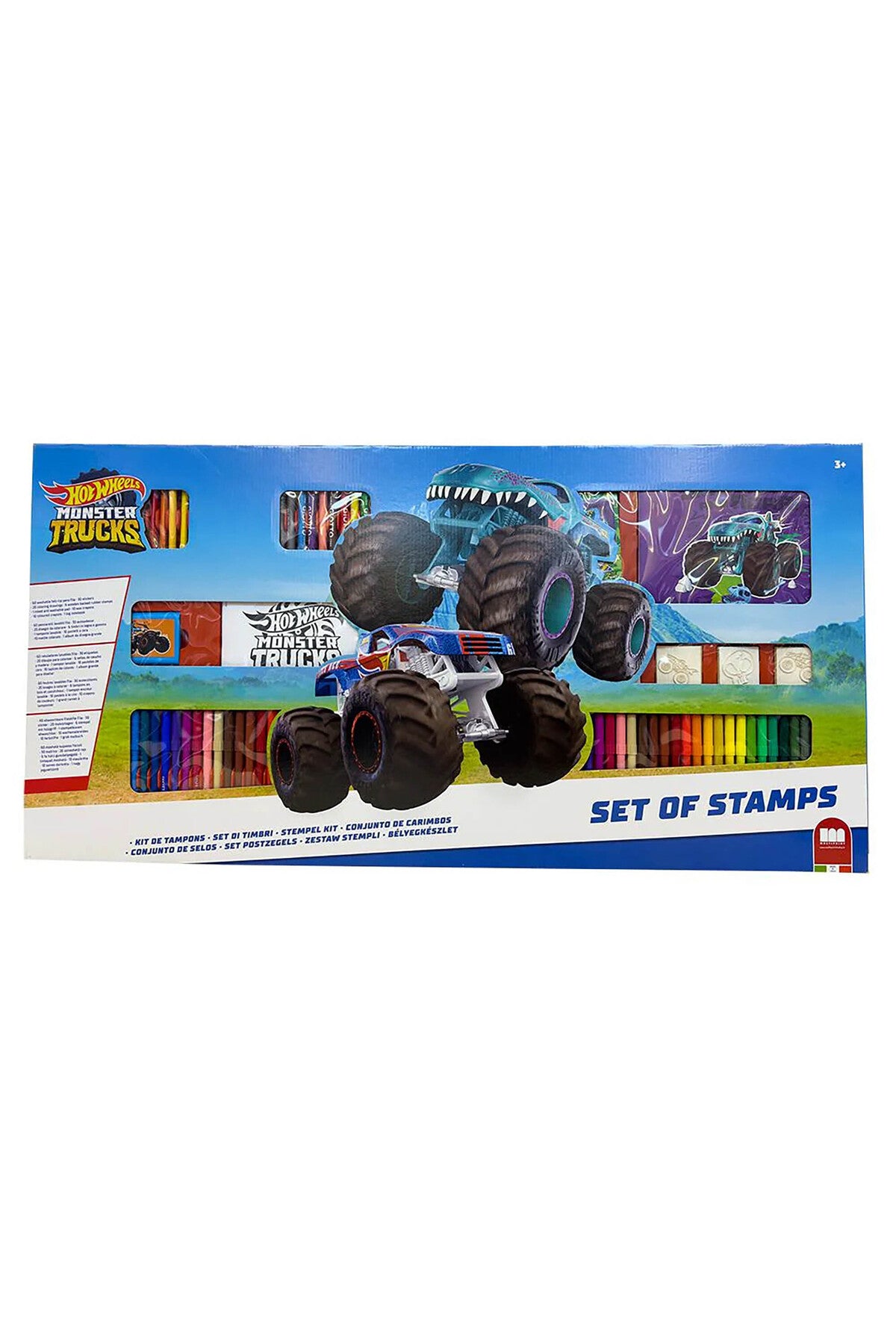 Monster Truck Mega Maxi Art & Stamp Set for Kids – 6 Wooden Rubber Stamps, Washable Ink Pad, 60 Washable Colour Markers, Crayons, Colouring Book, Notebook & Stickers