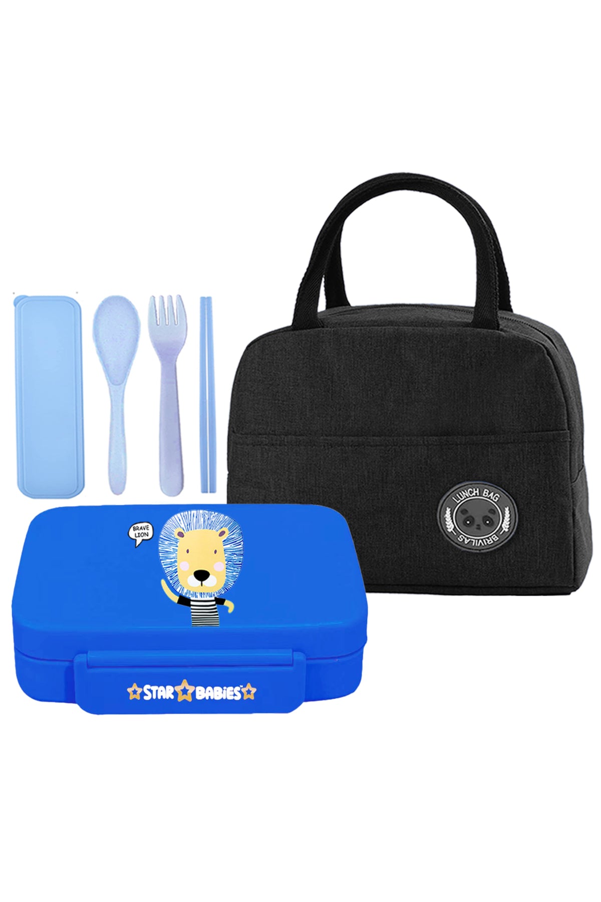 Star Babies Insulated Mini Lunch Bag with 5 Compartment Lunch Box and Fork-Spoon Set- Black