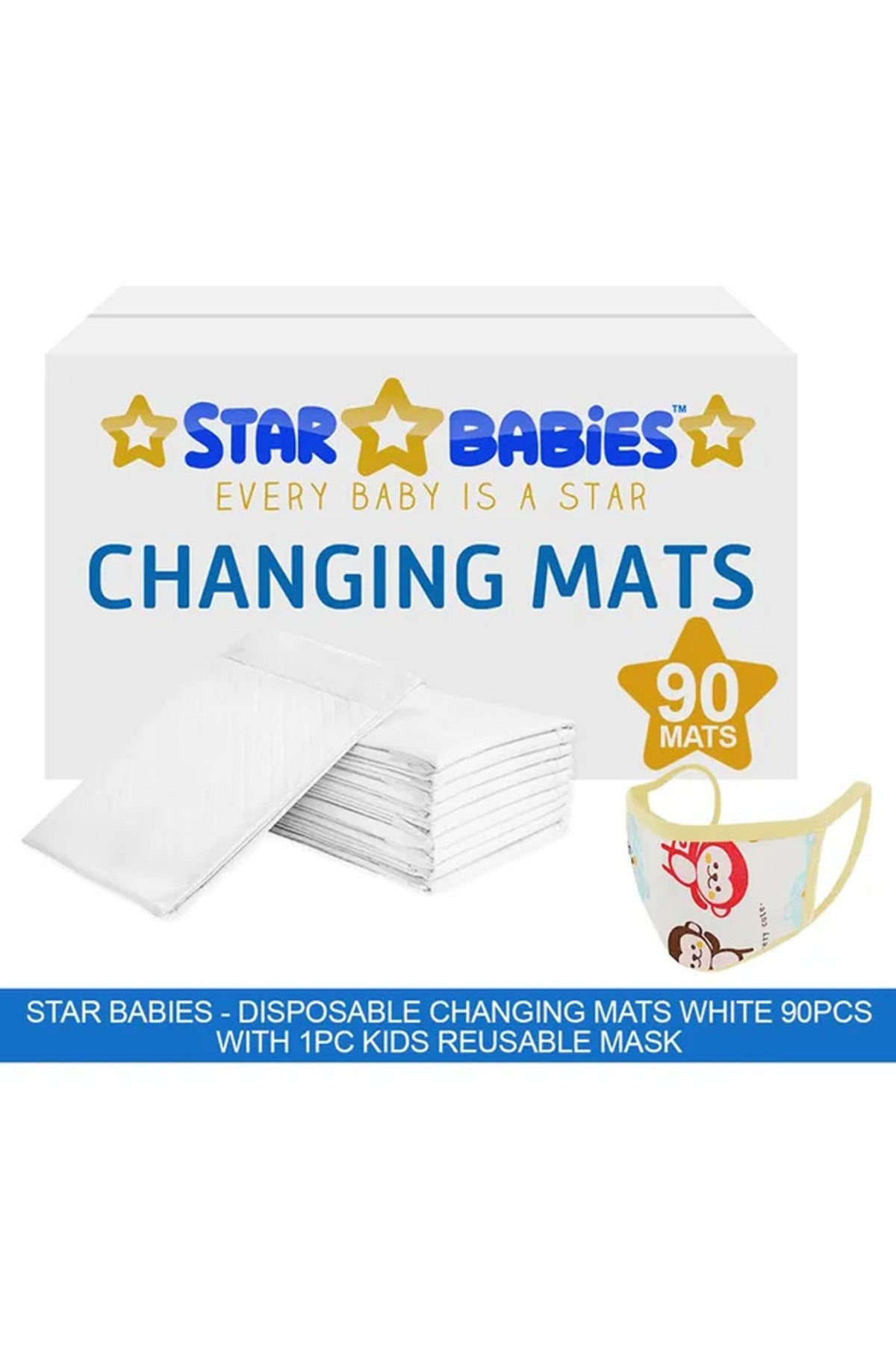 Star Babies - Disposable Changing Mats White 90Pcs with 1Pc Kids Reusable Mask