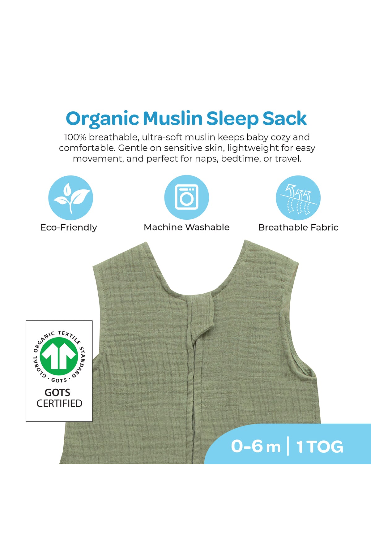 MOON Organic Crinkle Muslin Sleep sack  1 Tog (0-6 Months )-Green