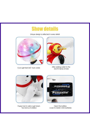 Urban Tots Dancing Dog Toy – 360° Rotating Lights & Sound With Bump & Go Action And Water Mist Spray-White