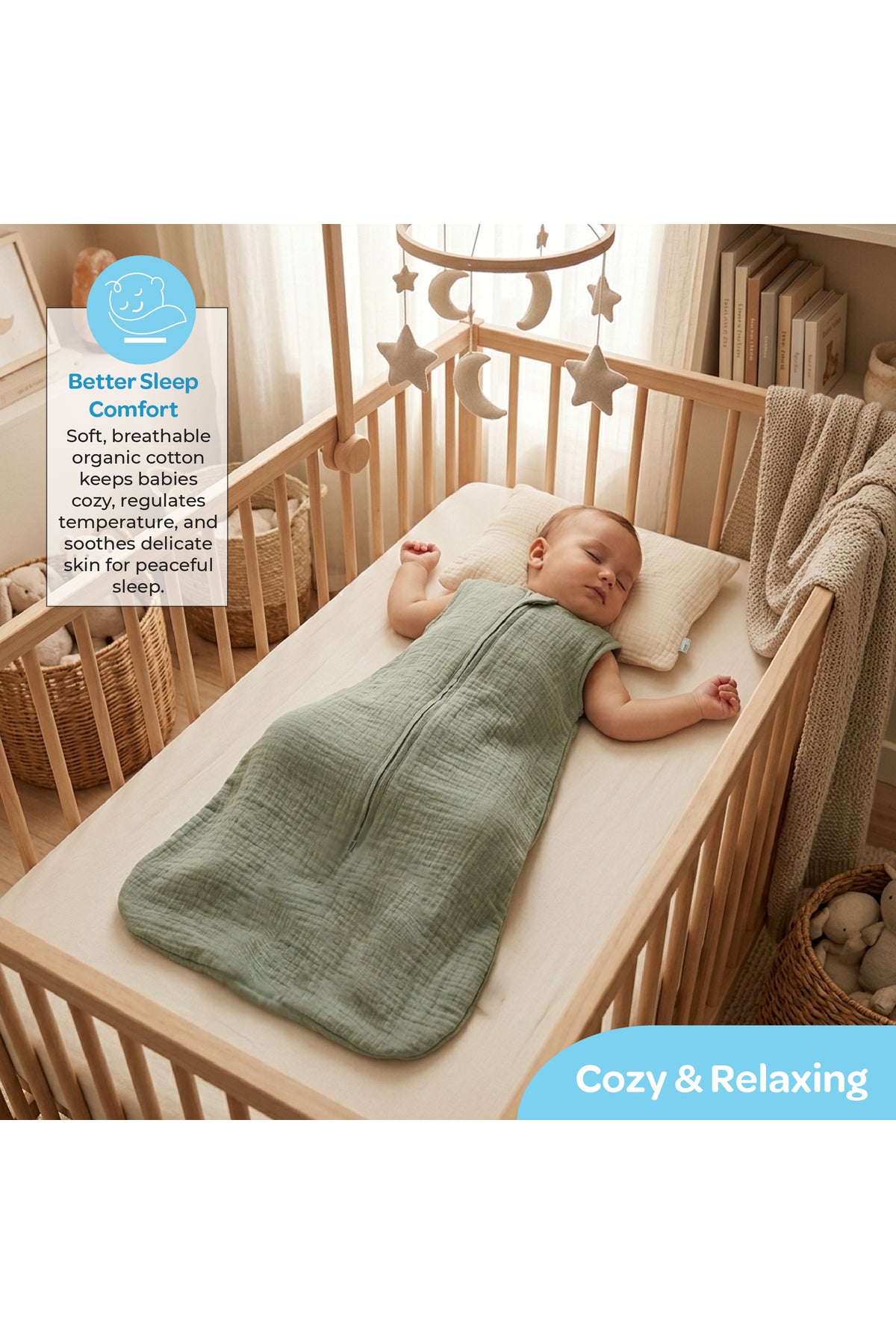 MOON Organic Crinkle Muslin Sleep sack  1 Tog (6-12 Months )-Green