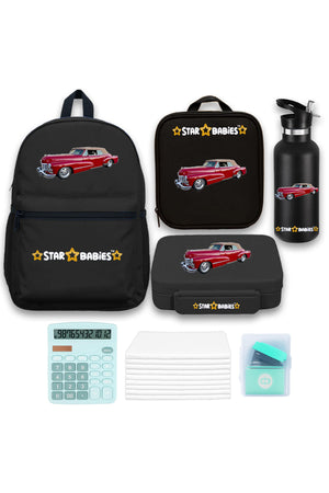 Star Babies Set of 4 – Retro Car Theme 16" School Bag, 4-Compartment Lunch Box, Insulated Lunch Bag, 500ml Water Bottle