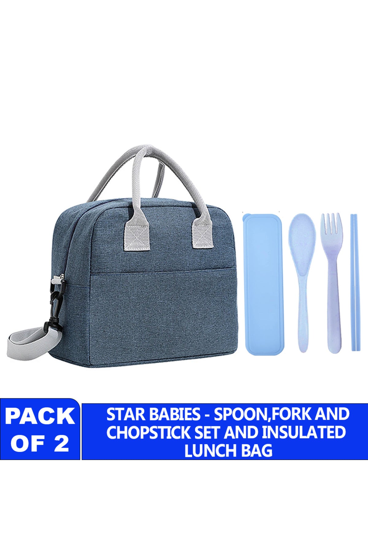 Star Babies Insulated Mini Lunch Bag with Foldable Fork- Spoon Set Blue & green