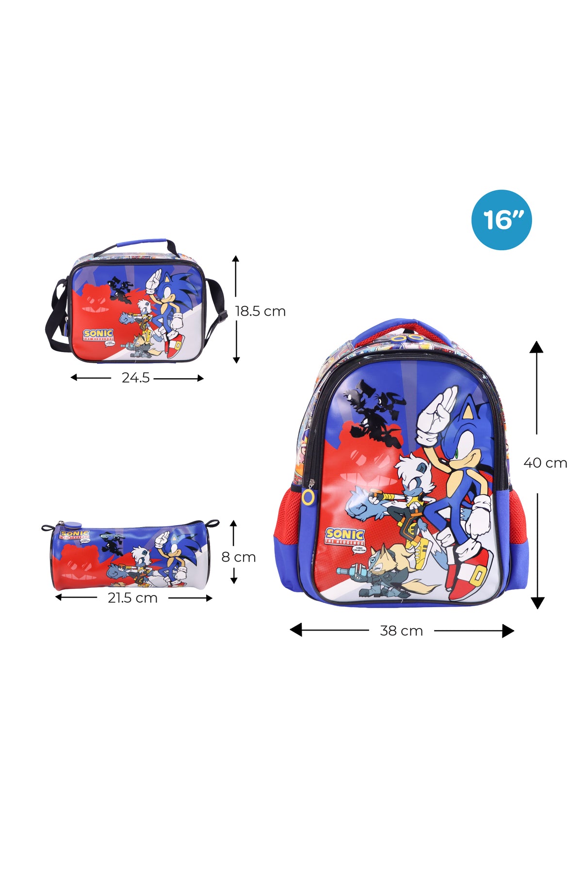 MOON Licensed SONIC THE HEDGEHOG 3 in 1 kids Backpack Set -- (16-Inch) Premium Kids School Bag with Lunch Bag & Pencil Case- Red&Blue