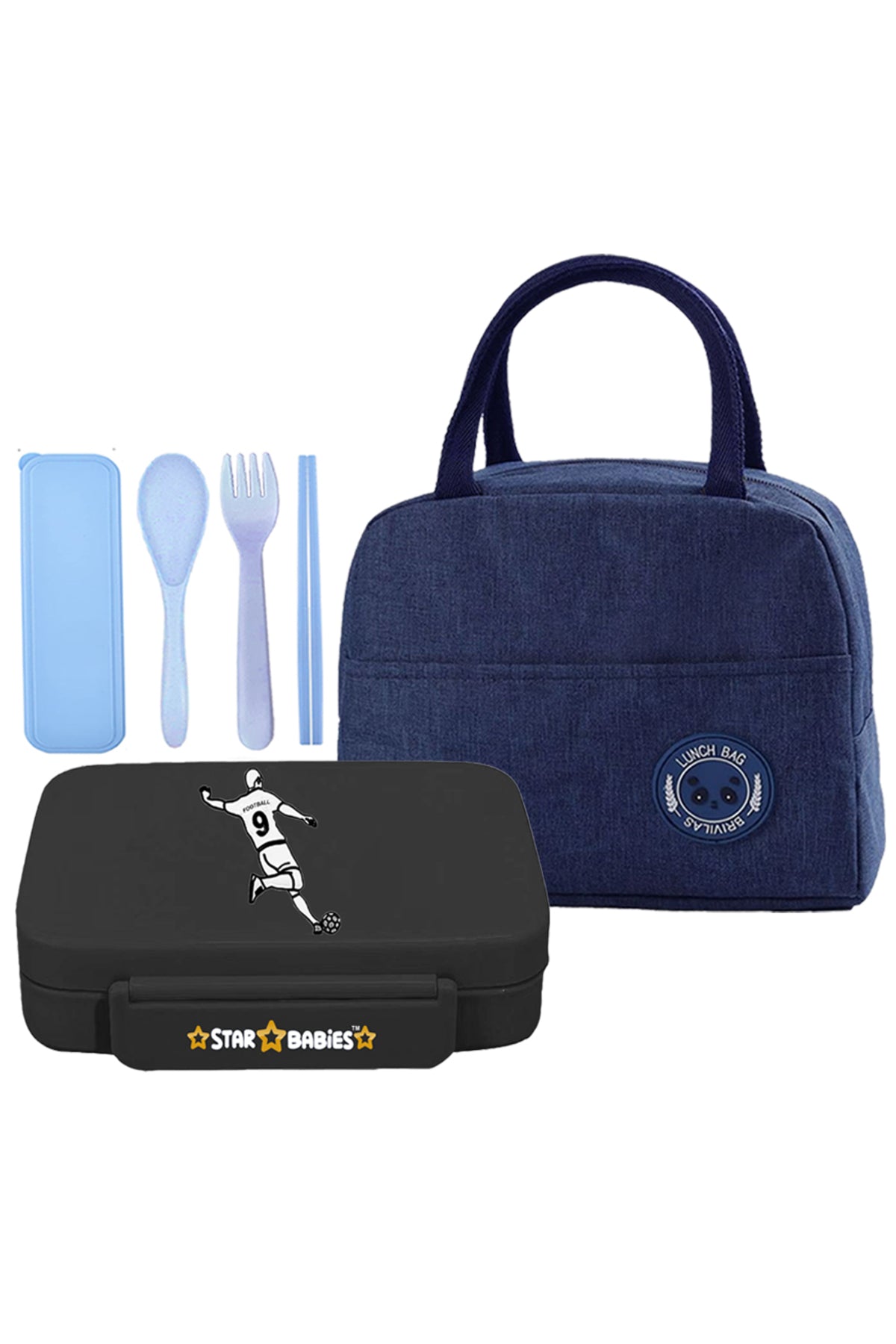 Star Babies Insulated Mini Lunch Bag with 5 Compartment Lunch Box and Fork-Spoon Set- Navy