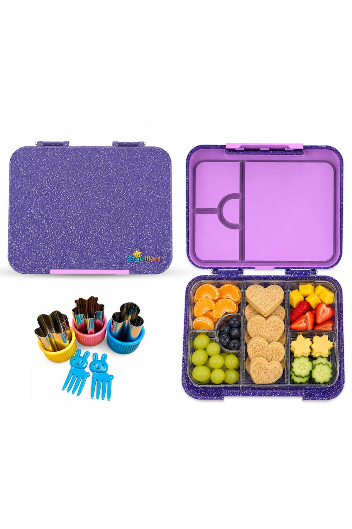 StarMarz Bento Glitter Lunch Box – Unicorn Theme – 4–6 Compartments, 1195Ml, Sandwich Cutters, Fruit Pickers & Detachable Tray – Multicolor
