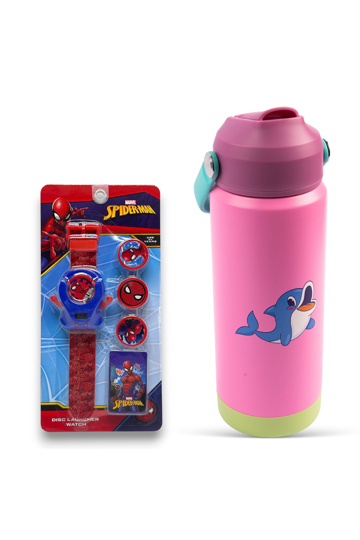 Cocobee-Insulated Stainless Steel Water Bottle, Leakproof, Soft Handle Grip, Odour Free, 500Ml, 3 Years+ – Pink + Marvel Spider-Man Disc Launcher Watch for Kids