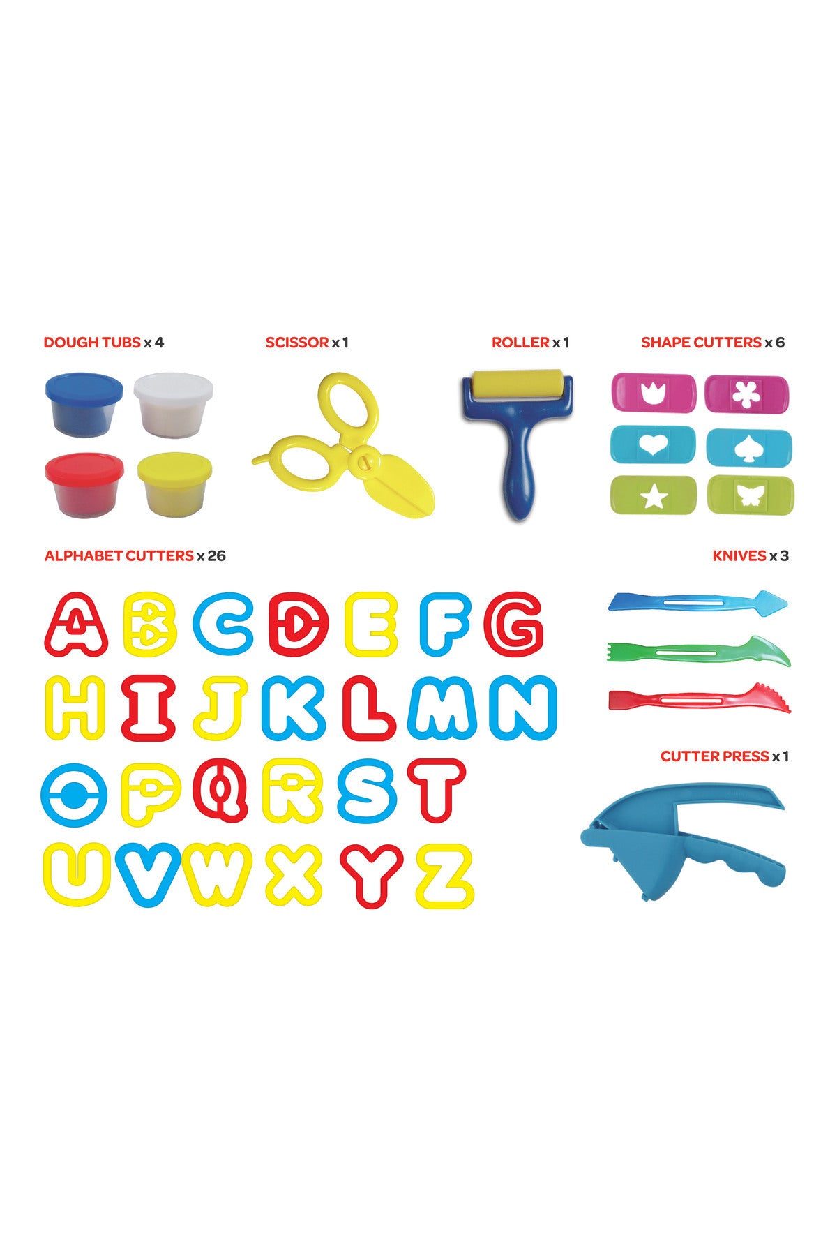 MOON Kid's Dough Alphabet Cutter Set. 4 x 50g dough pot.