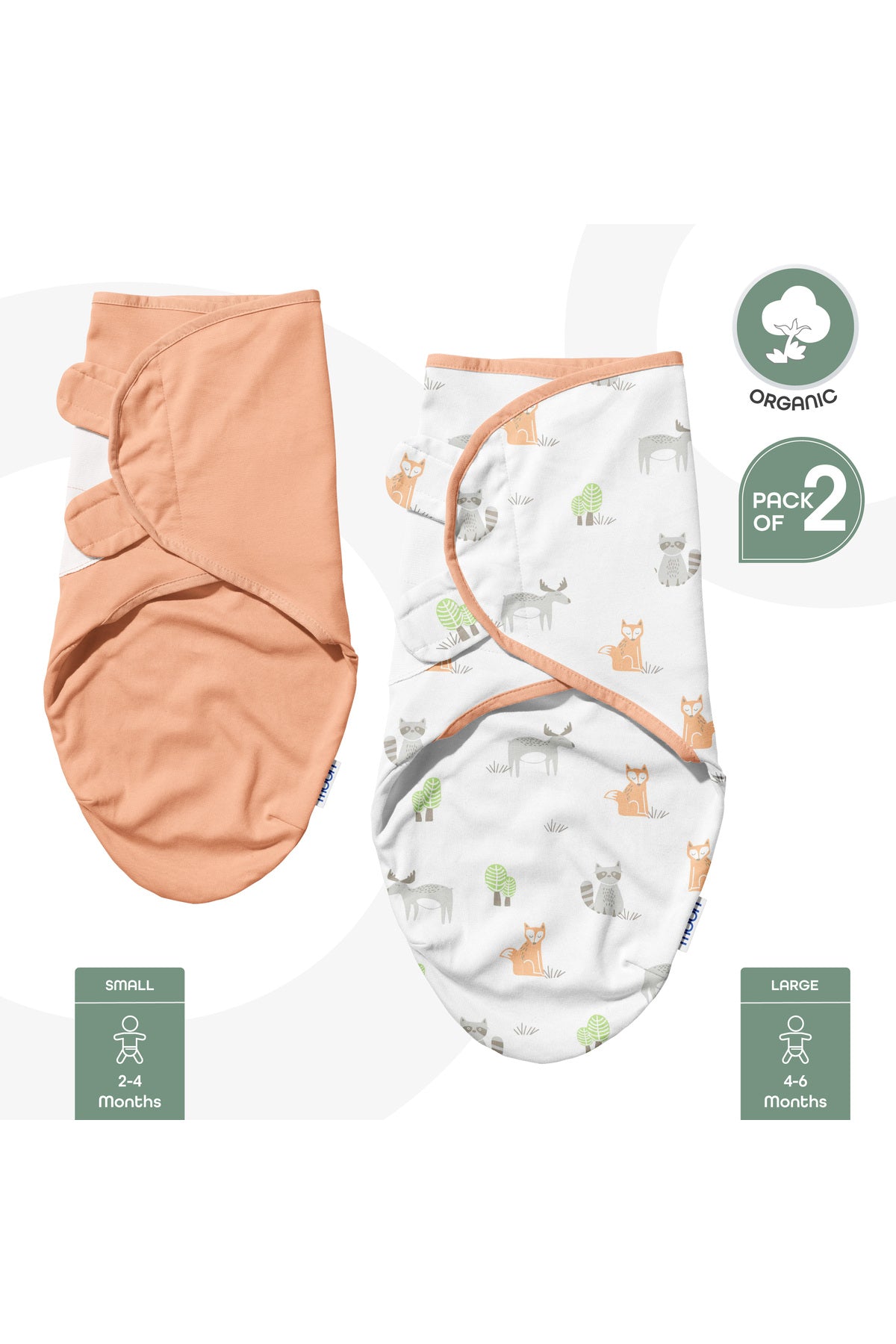 MOON Organic  swaddle -Forest Print & peach.