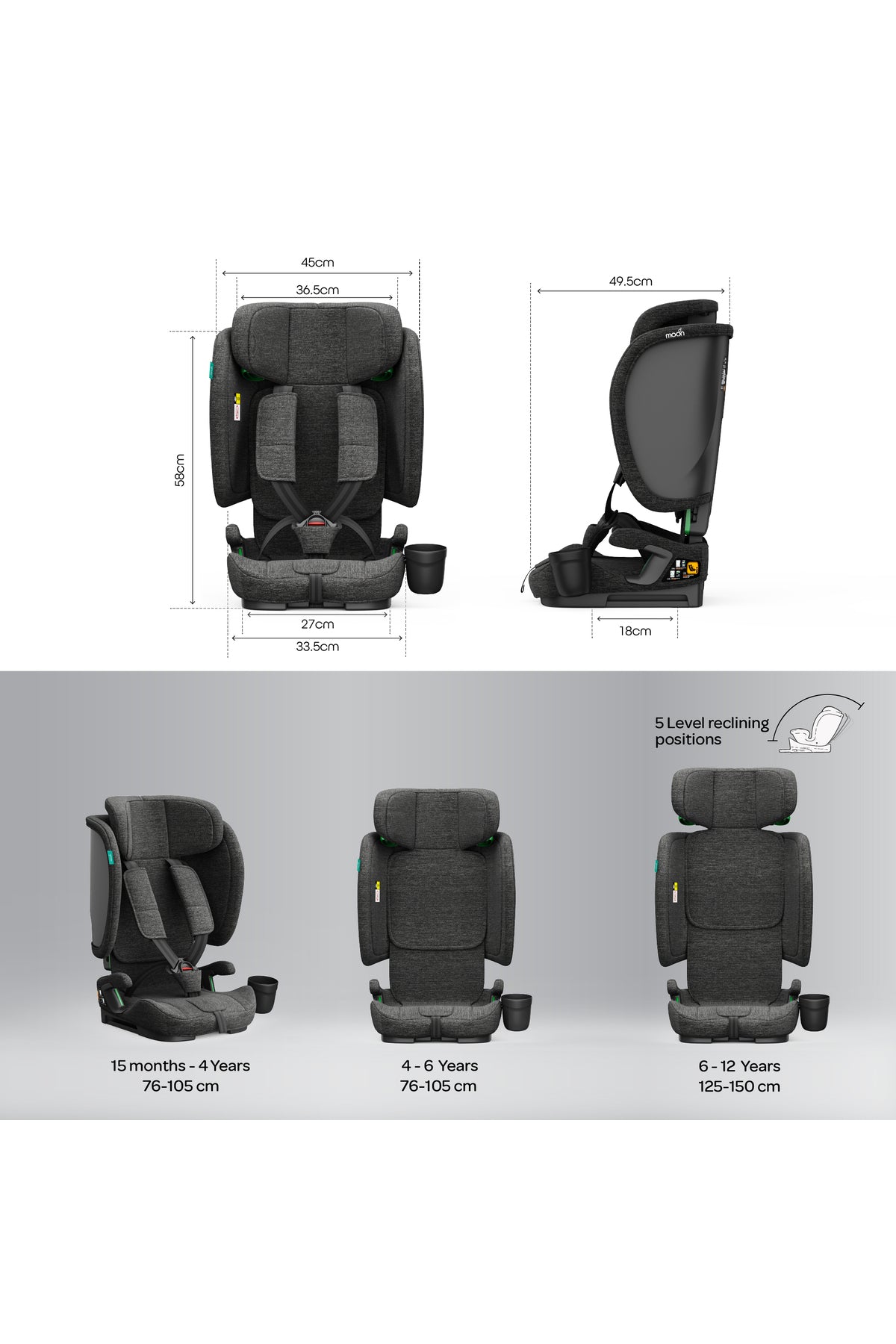 MOON Folda Plus ECE R129 i-Size Foldable  Car Seat -Dark Grey
