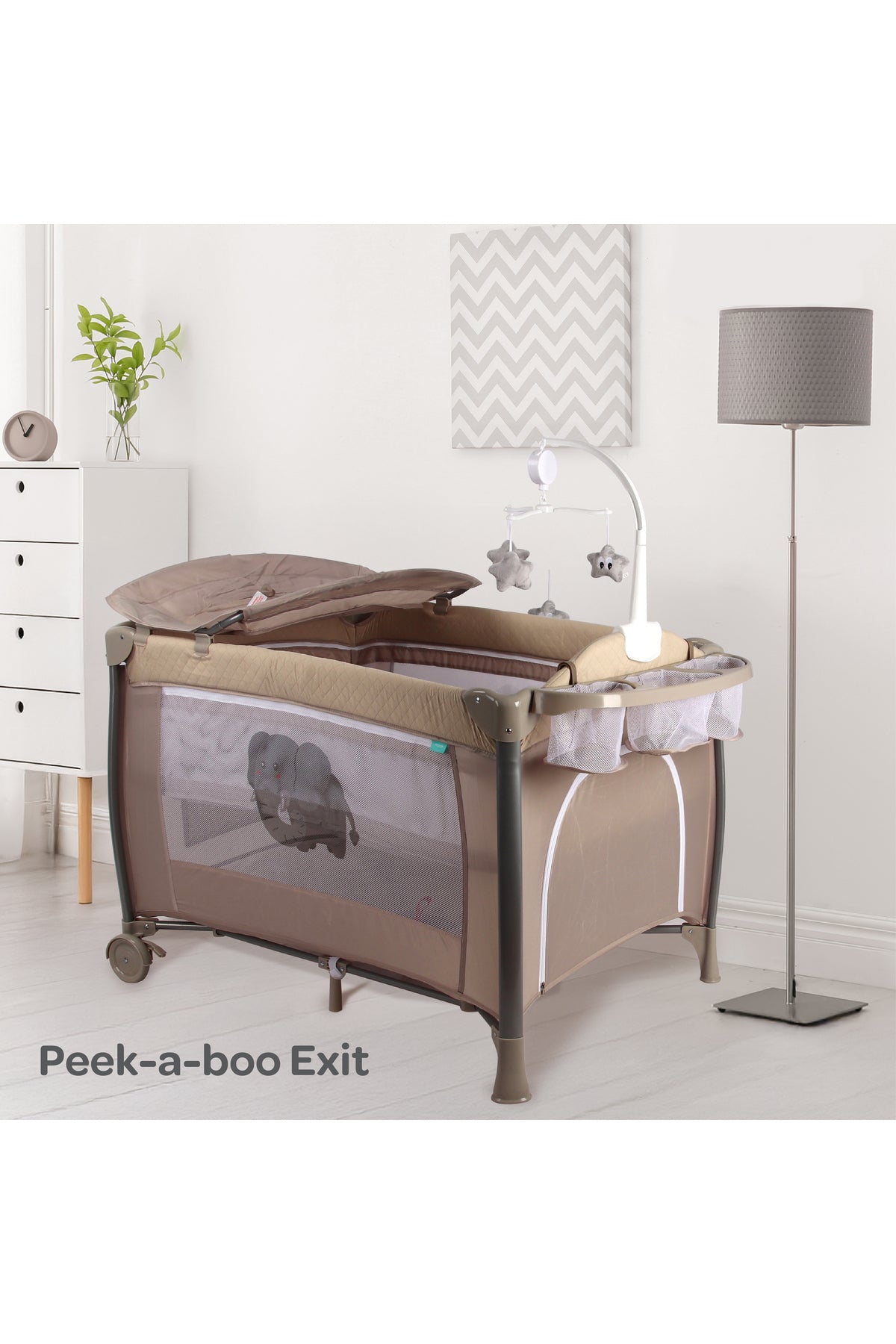 MOON Joypod Playpen with Removable Diaper Changer , Musical Toy & Lockable Wheels-Beige