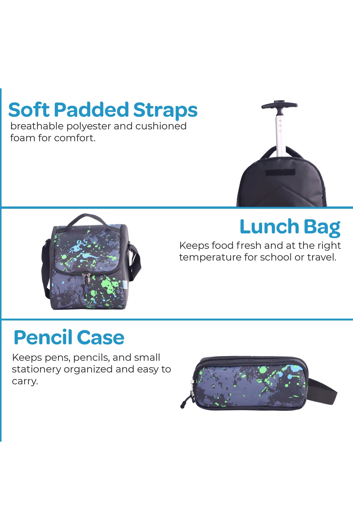 MOON  3 in 1 Kids Trolley Set   - (18-Inch) Premium Kids School Bag with Lunch Bag & Pencil Case-Black