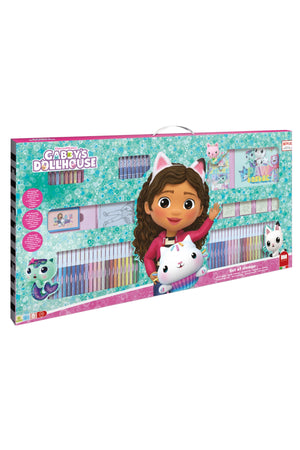 Gabby’s Dollhouse Mega Maxi Art & Craft Set – 60 Washable Markers, 10 Pencil Crayons, 10 Wax Crayons, 6 Wooden Stamps with Ink Pad, Coloring Book, Notebook & 30 Stickers – Kids Creative Stationery Kit