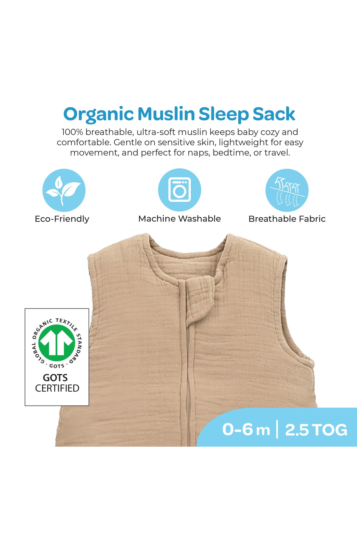 MOON Organic Crinkle Muslin Sleep sack  2.5 Tog (0-6Months )-Brown