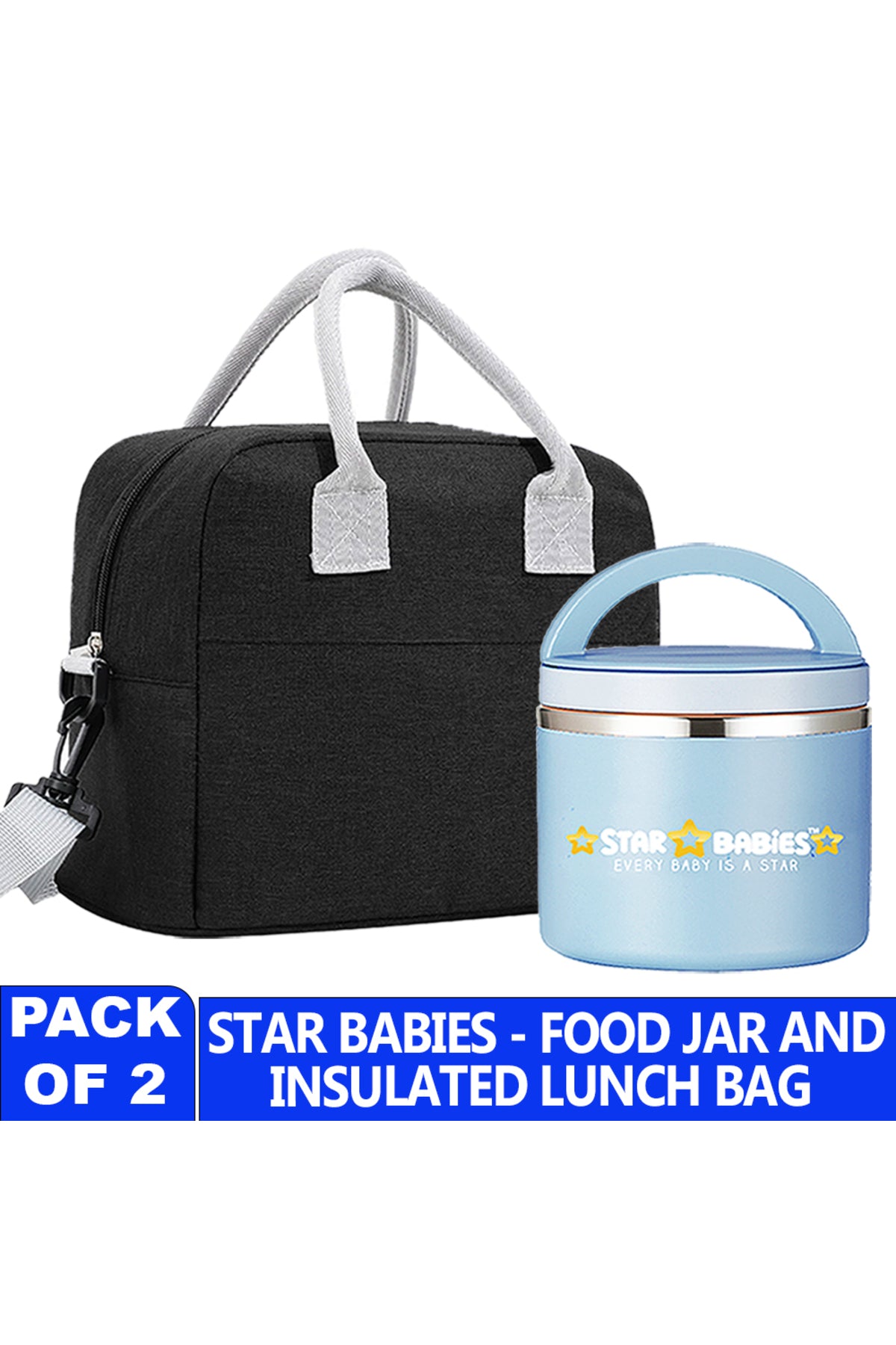 Star Babies Insulated Lunch Bag with Stainless Steel Food Jar- Black