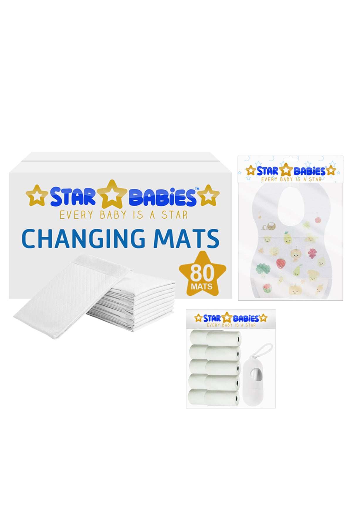 Star Babies - Changing Mats 80pcs, Bibs 70pcs and Scented Bag 10pcs with Refill - White