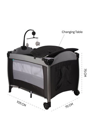 MOON Joypod Playpen with Removable Diaper Changer , Musical Toy & Lockable Wheels-Black