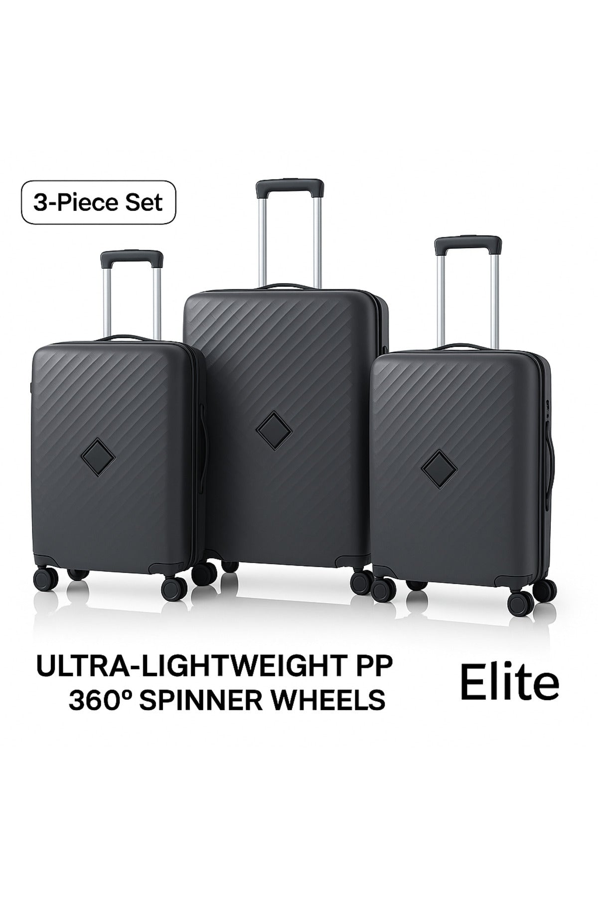 ELITE 3-Piece Hard-Shell Luggage Set (20/24/28) – Lightweight Spinner Suitcase – Dark Grey