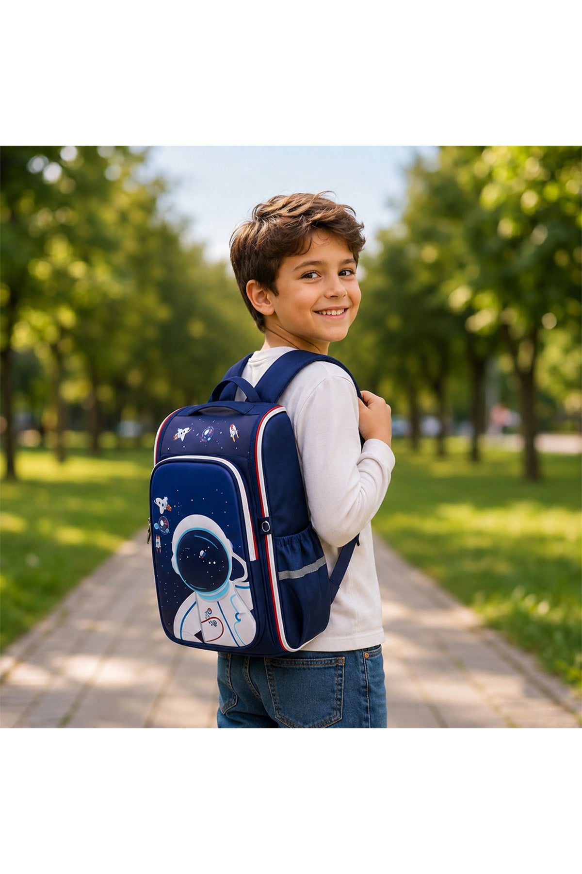 Cocobee-Stylish Astronaut Print Backpack, Adjustable Strap, Secure Zip, 14.9 Inches – Blue +  Pencil Case +   Ocean Tritan Water Bottle 480ml – BPA-Free + Bento Lunch Box 765ml