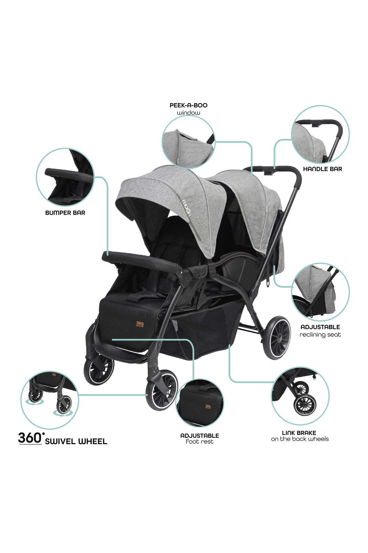MOON Dois - Twin Stroller - Grey, Twin Baby Stroller Pram