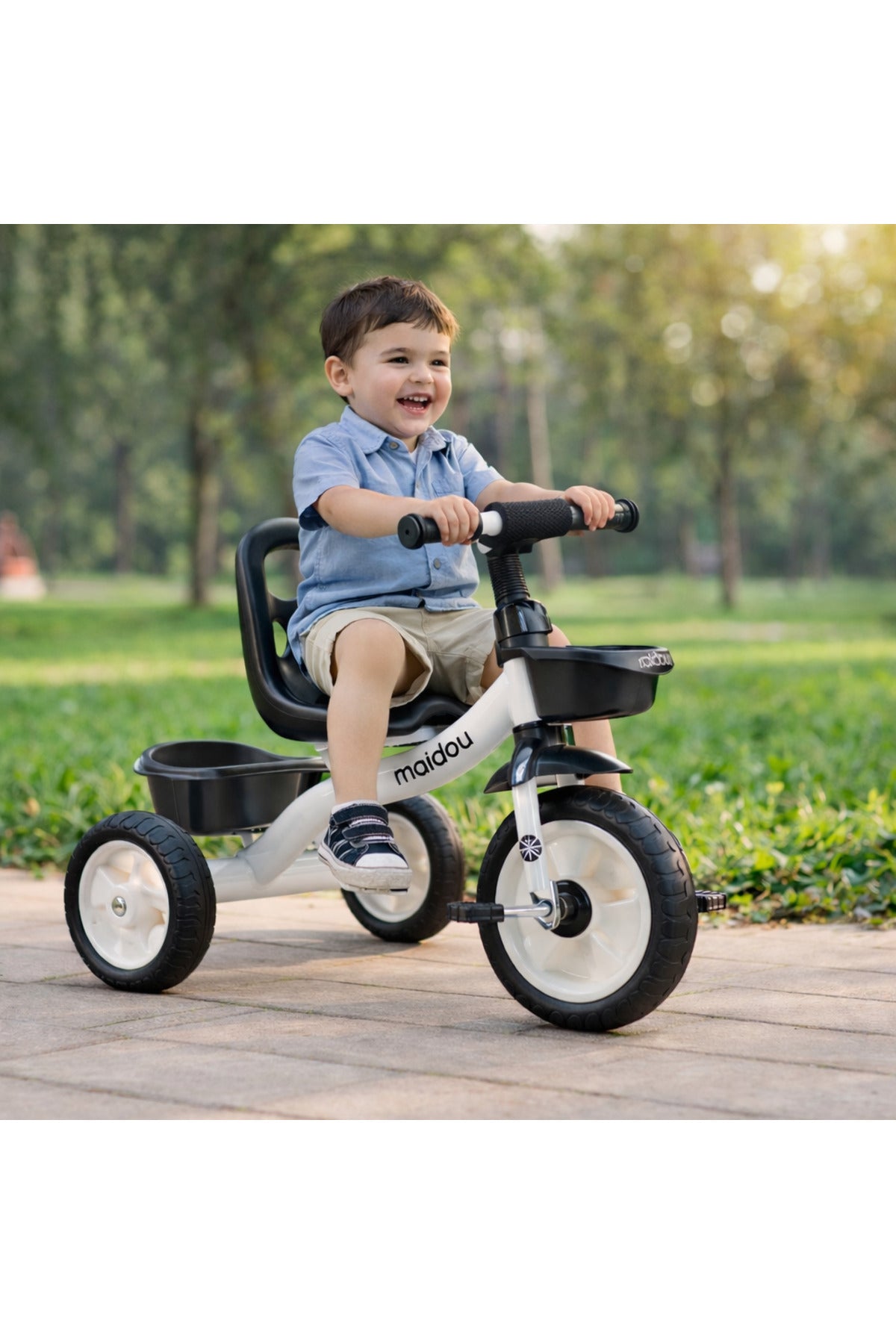 StarMarz Toddler 3-Wheel Tricycle Ride-On Toy with Safety Seat, Cup Holder & Rear Storage Basket - White