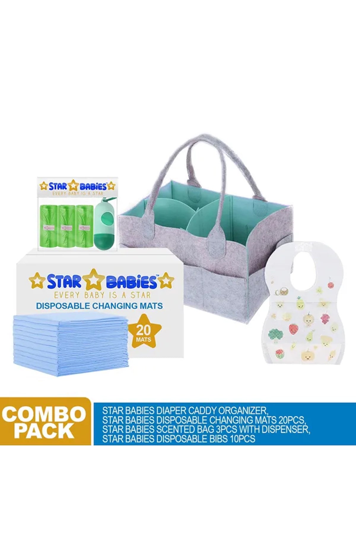Star Babies - Diaper Bag, Changing Mat, Bibs, Scented Bag with Dispenser