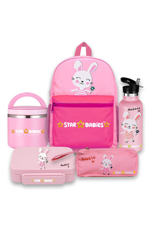 Star Babies 16-Inch Rabbit Themed Children's Backpack with  5 compartment Bento lunch box , water bottle and Dual Zipper Pencil Case with Food jar
