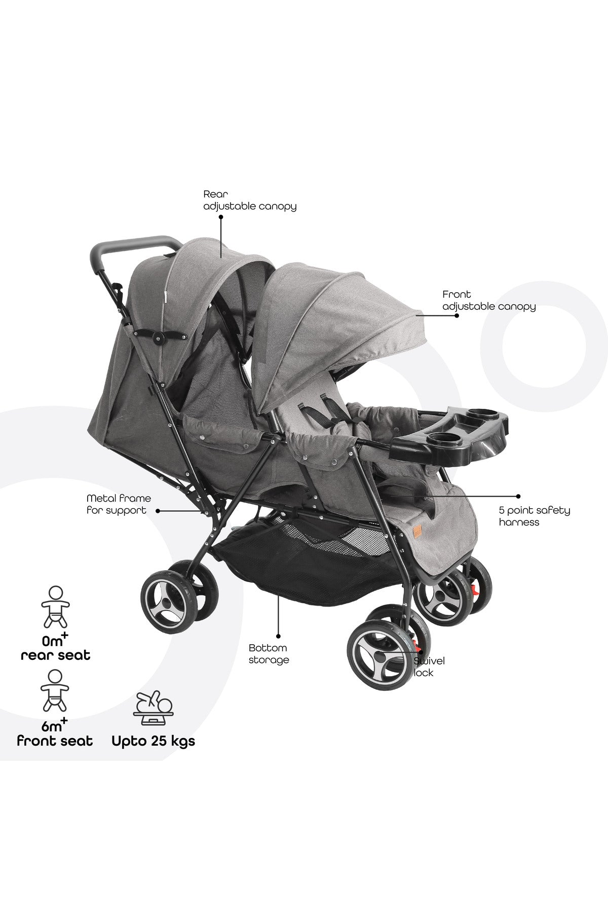 MOON Magnum Tandem Easy Fold Twin Travel Stroller,cool grey