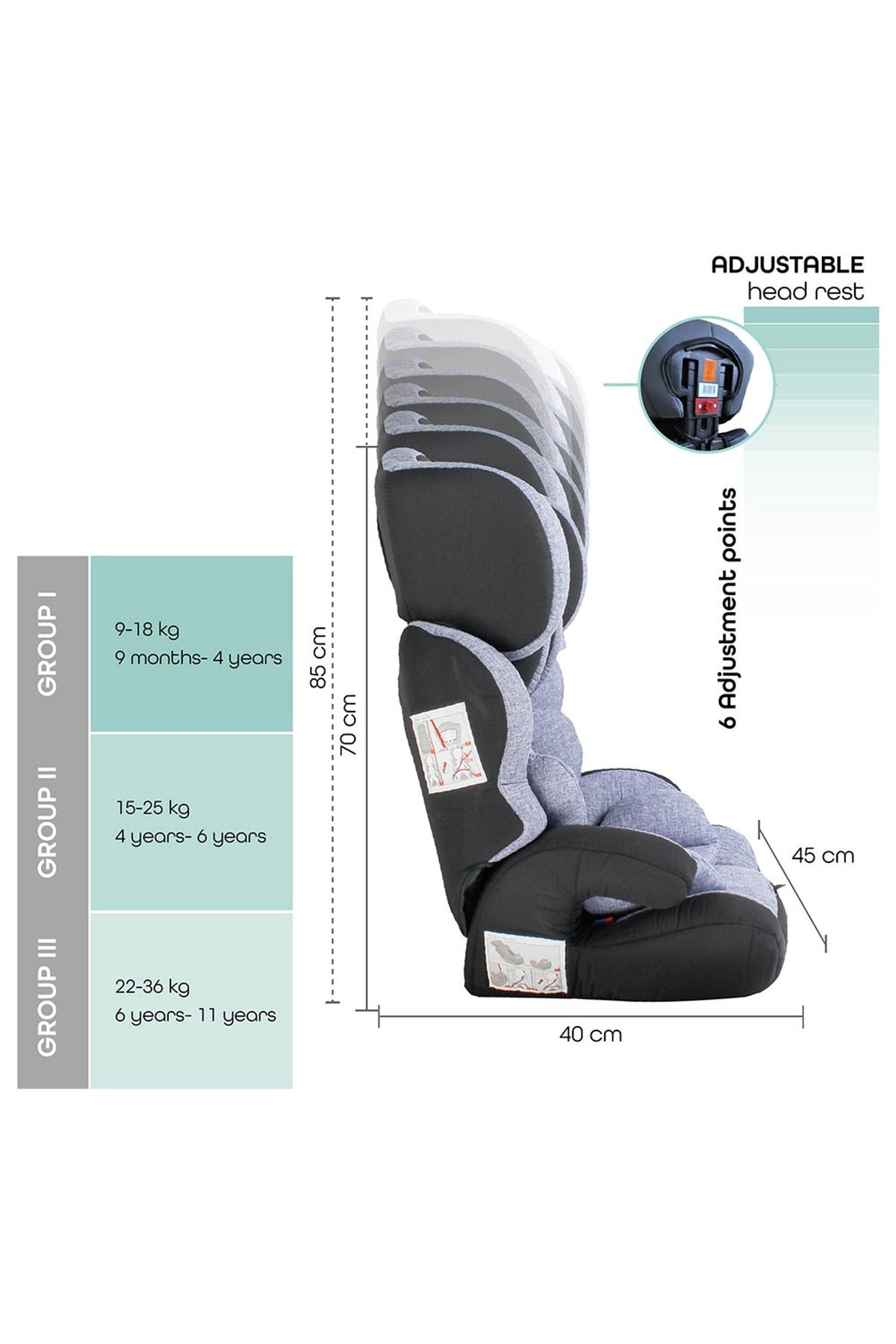 MOON Tolo - Baby/Kids Car seat s (Group-1,2,3) - Ash Grey