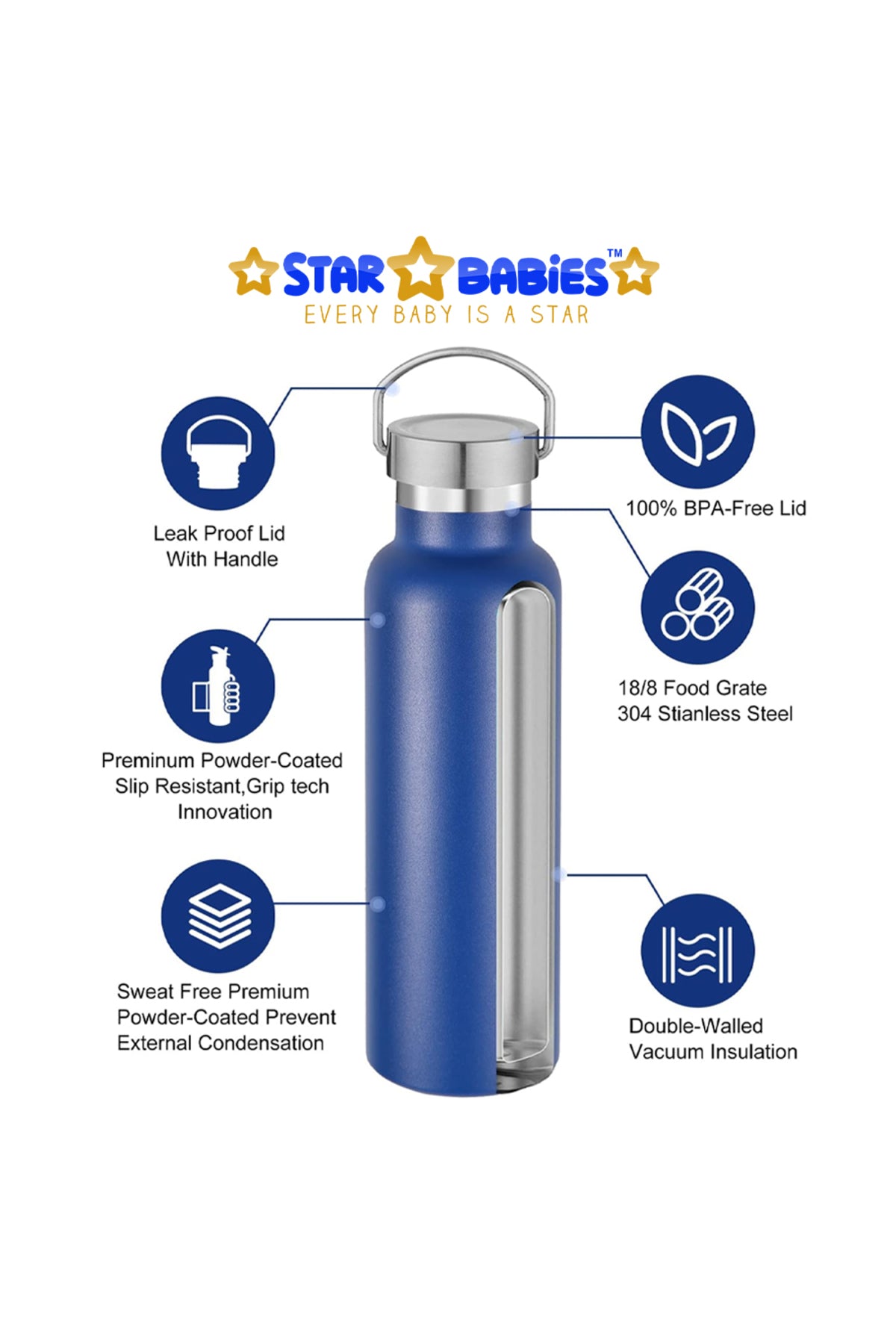 Star Babies Double Walled Stainless Steel Vacuum Insulated Sports Water Bottle with Portable Stainless Lid 600ml - Navy Blue