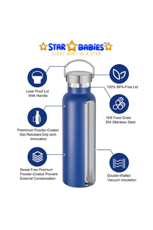 Star Babies Double Walled Stainless Steel Vacuum Insulated Sports Water Bottle with Portable Stainless Lid 600ml - Navy Blue