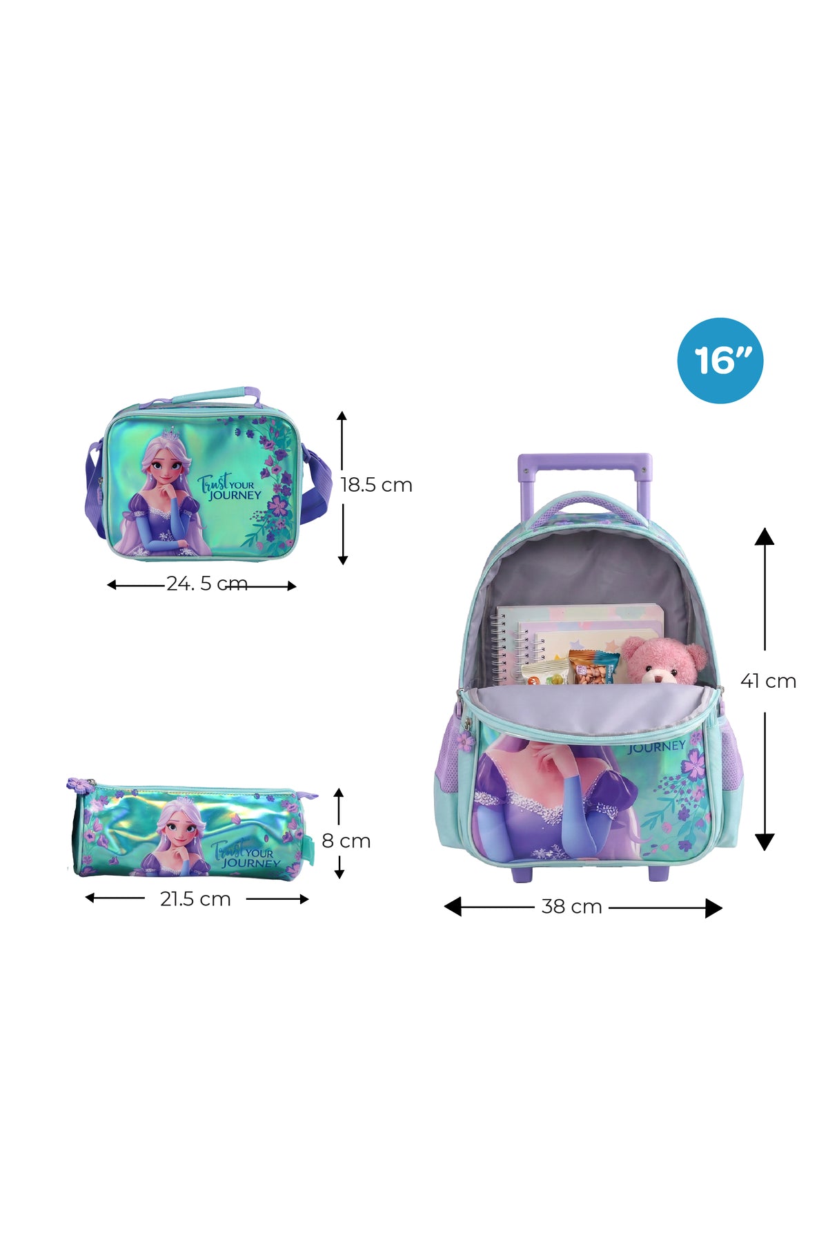 MOON  Elsa 3 in 1 Trolley Set  - (16-Inch) Premium Kids School Bag with Lunch Bag & Pencil Case